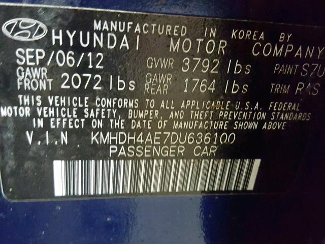 KMHDH4AE7DU636100 - 2013 HYUNDAI ELANTRA GL 蓝色 照片 10
