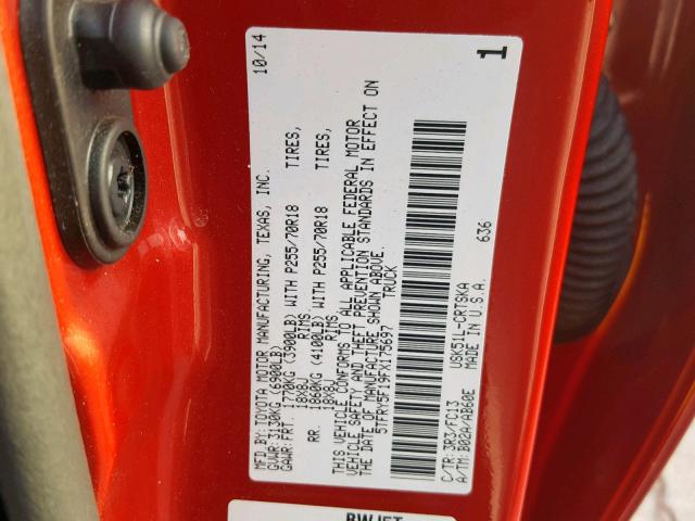 5TFRY5F19FX175697 - 2015 TOYOTA TUNDRA DOU RED photo 10