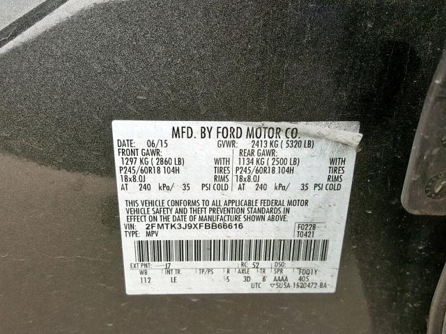 2FMTK3J9XFBB66616 - 2015 FORD EDGE SEL GRAY photo 10