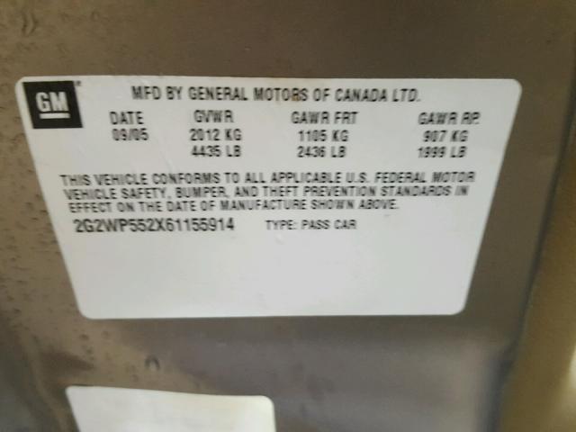 2G2WP552X61155914 - 2006 PONTIAC GRAND PRIX BEIGE photo 10