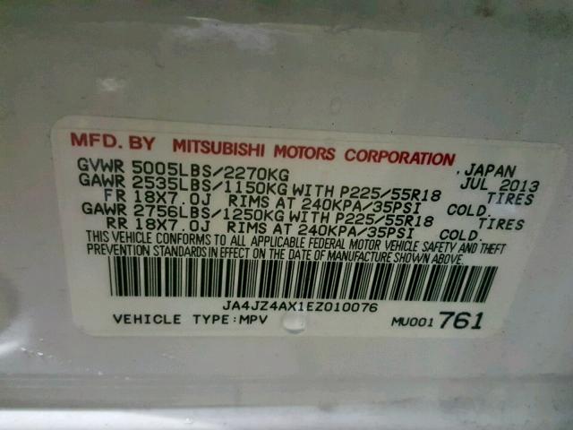 JA4JZ4AX1EZ010076 - 2014 MITSUBISHI OUTLANDER WHITE photo 10