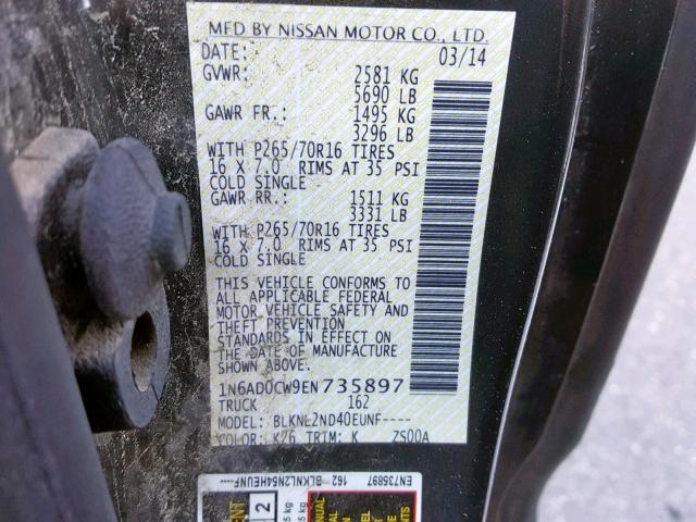 1N6AD0CW9EN735897 - 2014 NISSAN FRONTIER S GRAY photo 10