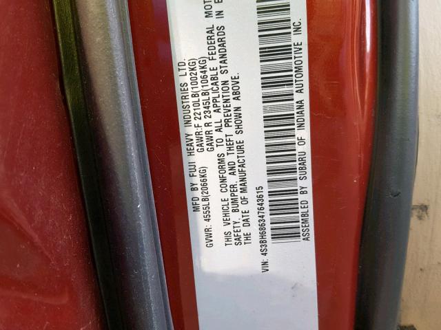 4S3BH686347643615 - 2004 SUBARU LEGACY OUT MAROON photo 10