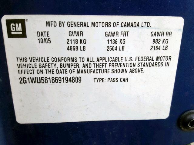 2G1WU581869194809 - 2006 CHEVROLET IMPALA LTZ BLUE photo 10