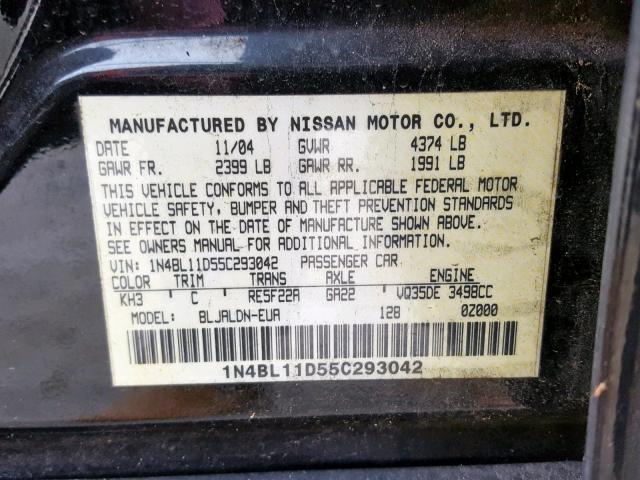 1N4BL11D55C293042 - 2005 NISSAN ALTIMA SE BLACK photo 10