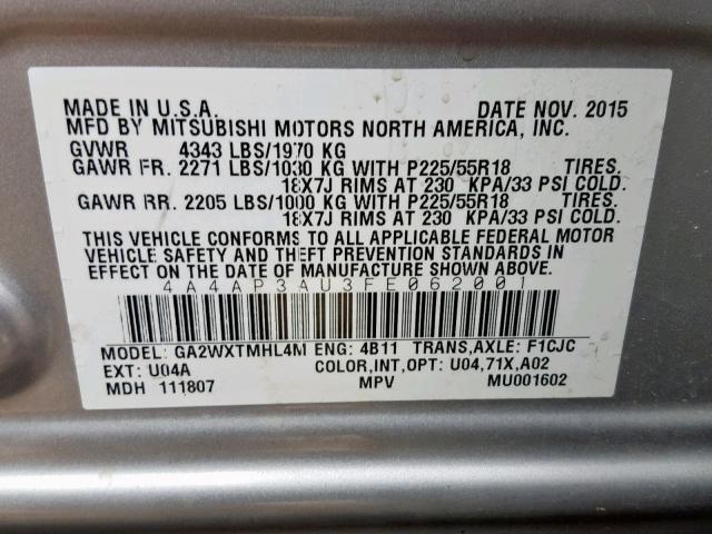 4A4AP3AU3FE062001 - 2015 MITSUBISHI OUTLANDER SILVER photo 10