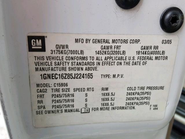 1GNEC16Z85J224165 - 2005 CHEVROLET SUBURBAN C WHITE photo 10
