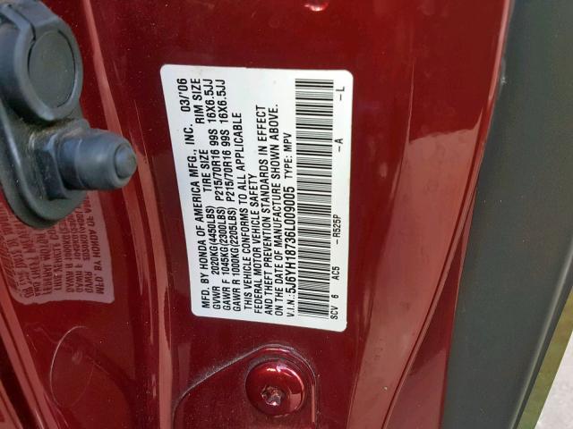 5J6YH18736L009005 - 2006 HONDA ELEMENT EX RED photo 10