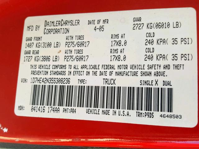 1D7HE42N35S308236 - 2005 DODGE DAKOTA SLT RED photo 10