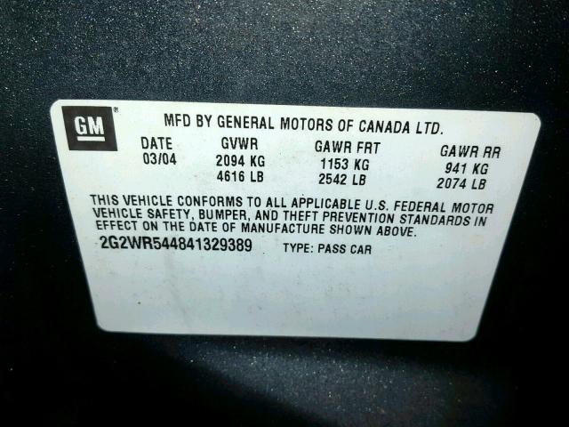 2G2WR544841329389 - 2004 PONTIAC GRAND PRIX GRAY photo 10