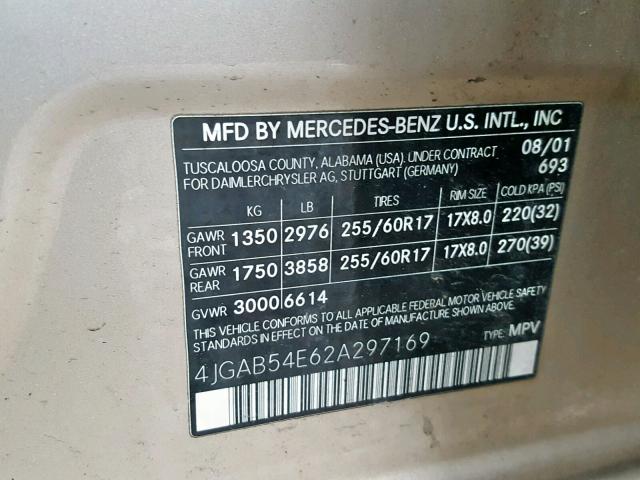 4JGAB54E62A297169 - 2002 MERCEDES-BENZ ML 320 TAN photo 10