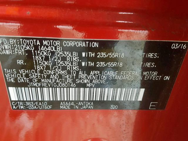 JTMDFREV1GJ080146 - 2016 TOYOTA RAV4 LIMIT RED photo 10