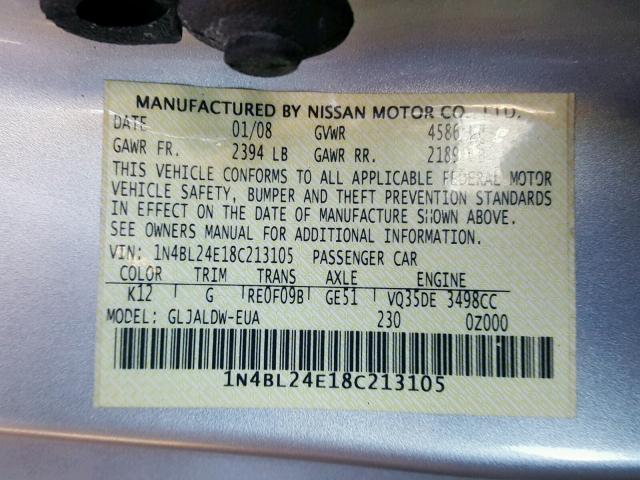 1N4BL24E18C213105 - 2008 NISSAN ALTIMA 3.5 SILVER photo 10