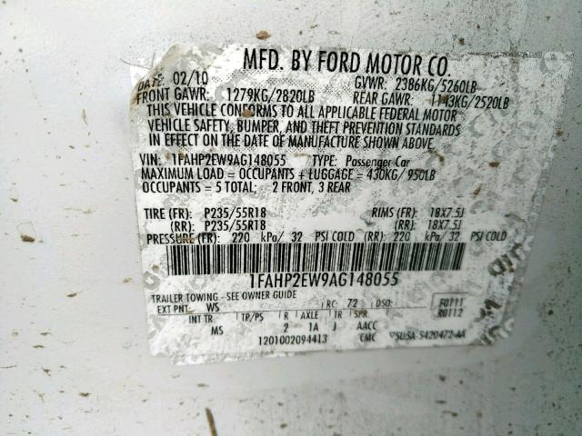 1FAHP2EW9AG148055 - 2010 FORD TAURUS SEL WHITE photo 10