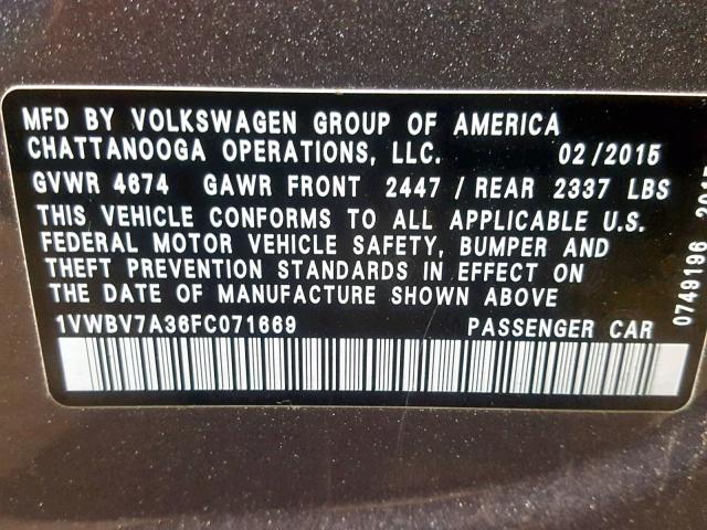 1VWBV7A36FC071669 - 2015 VOLKSWAGEN PASSAT SE GRAY photo 10