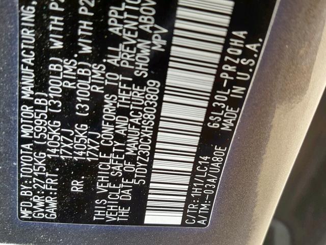 5TDYZ3DCXHS803809 - 2017 TOYOTA SIENNA XLE GRAY photo 10