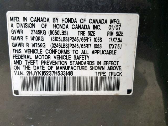 2HJYK16237H533148 - 2007 HONDA RIDGELINE BLUE photo 10