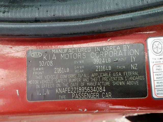 KNAFE221895634084 - 2009 KIA SPECTRA EX MAROON photo 10