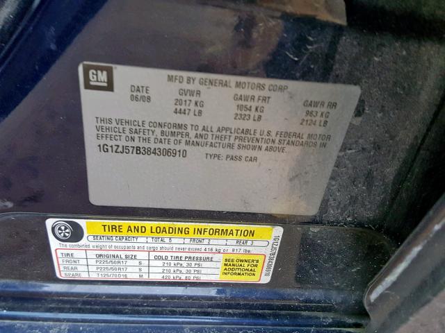 1G1ZJ57B384306910 - 2008 CHEVROLET MALIBU 2LT BLUE photo 10