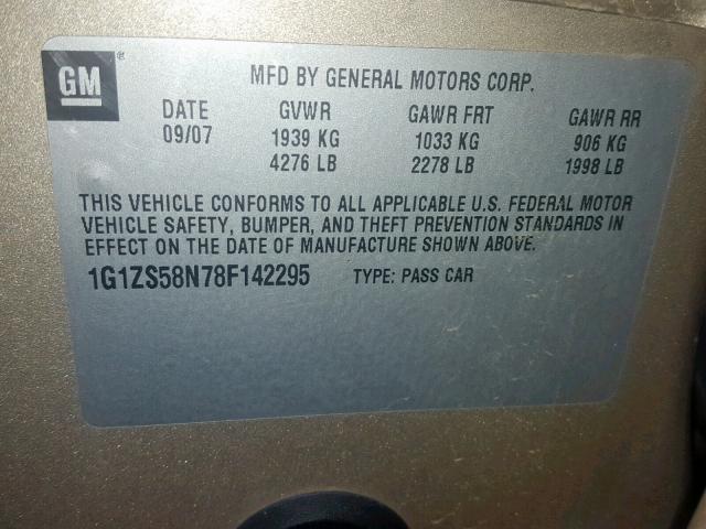 1G1ZS58N78F142295 - 2008 CHEVROLET MALIBU LS GOLD photo 10