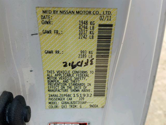 1N4AL2EP6BC151932 - 2011 NISSAN ALTIMA S 白色 照片 10