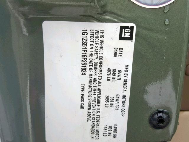 1G1ZS51F16F261024 - 2006 CHEVROLET MALIBU LS Yaşıl foto 10