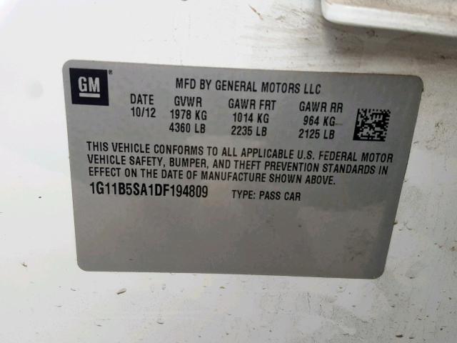 1G11B5SA1DF194809 - 2013 CHEVROLET MALIBU LS თეთრი ფოტო 10