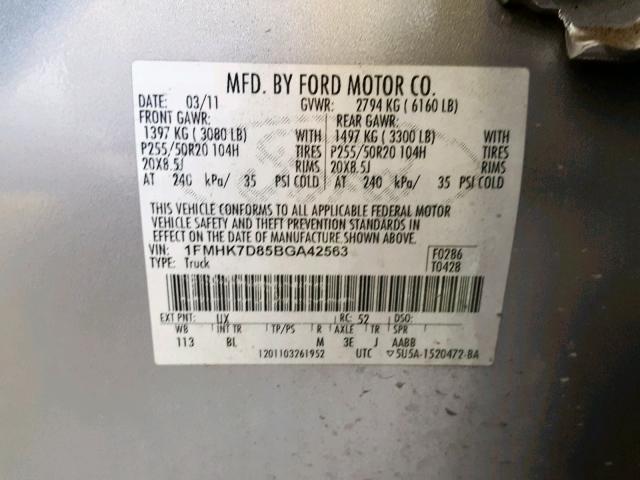 1FMHK7D85BGA42563 - 2011 FORD EXPLORER X SILVER photo 10