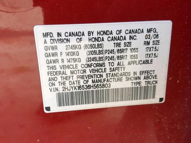2HJYK16536H565803 - 2006 HONDA RIDGELINE წითელი ფოტო 10