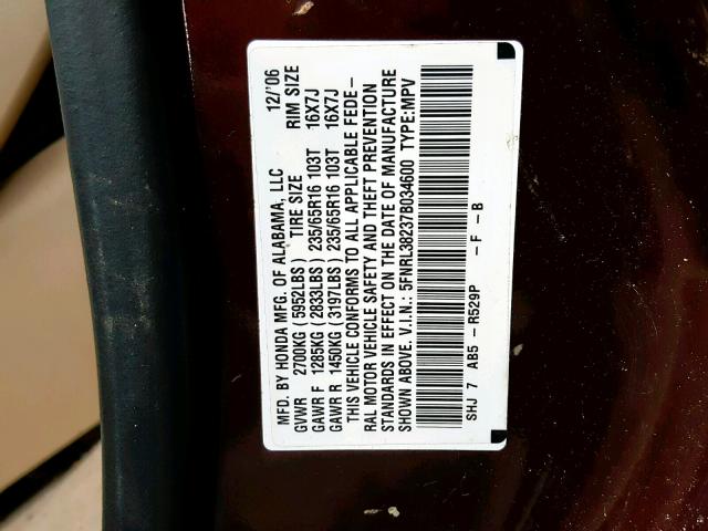 5FNRL38237B034600 - 2007 HONDA ODYSSEY LX BURGUNDY photo 10