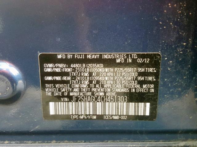 JF2SHAGC4CH451303 - 2012 SUBARU FORESTER T BLUE photo 10