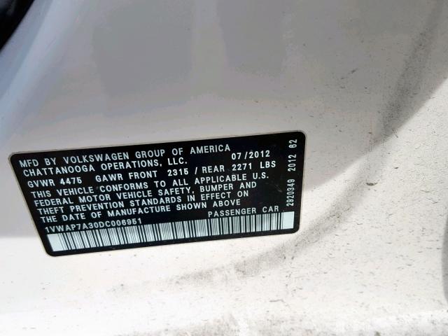 1VWAP7A30DC006951 - 2013 VOLKSWAGEN PASSAT S WHITE photo 10