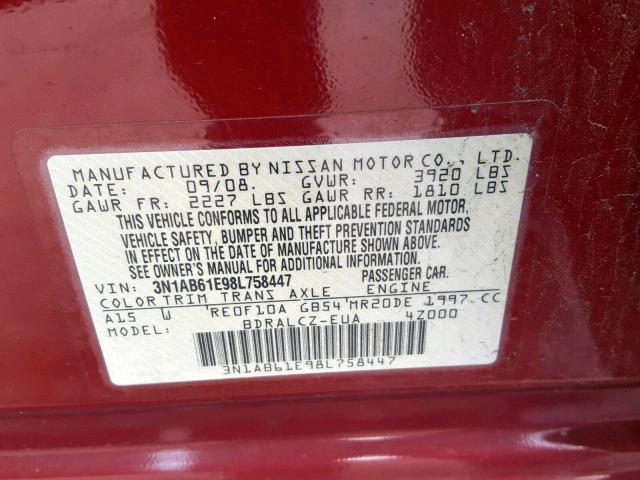 3N1AB61E98L758447 - 2008 NISSAN SENTRA 2.0 RED photo 10