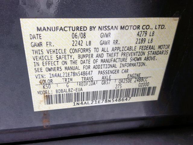 1N4AL21E78N548647 - 2008 NISSAN ALTIMA 2.5 灰色 照片 10