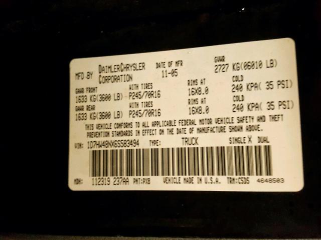 1D7HW48NX6S583494 - 2006 DODGE DAKOTA QUA BLACK photo 10