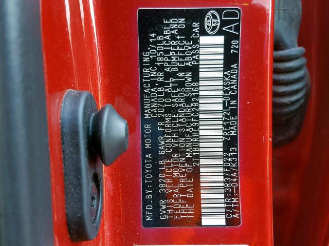 2T1BURHE9FC282168 - 2015 TOYOTA COROLLA L RED photo 10