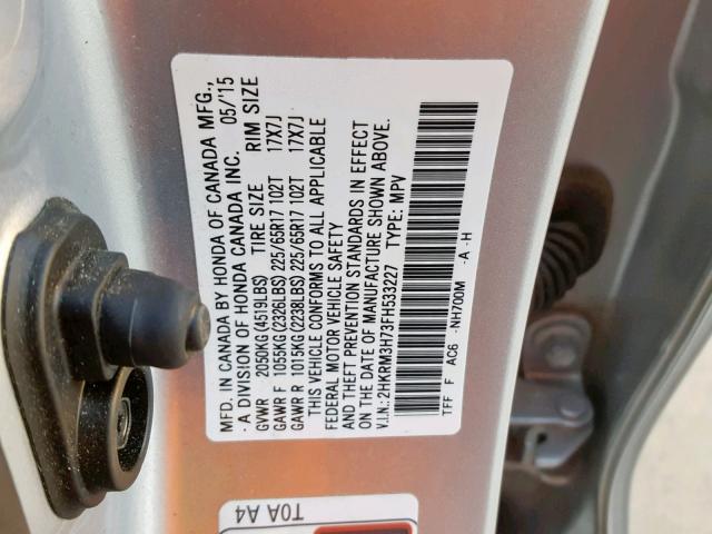 2HKRM3H73FH533227 - 2015 HONDA CR-V EXL SILVER photo 10