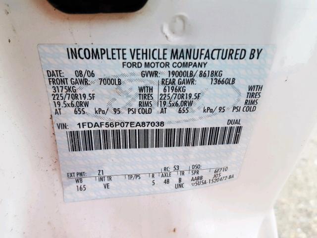 1FDAF56P07EA87038 - 2007 FORD F550 SUPER WHITE photo 10