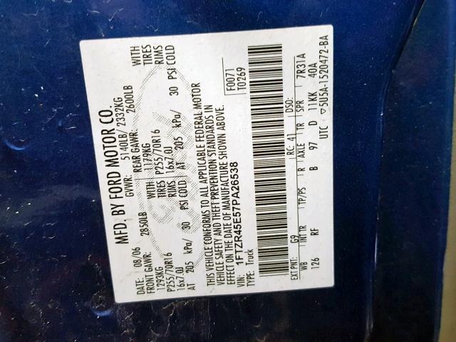 1FTZR45E57PA26538 - 2007 FORD RANGER SUP 蓝色 照片 10