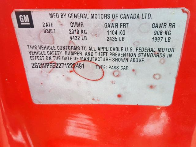 2G2WP552271222491 - 2007 PONTIAC GRAND PRIX 红色 照片 10