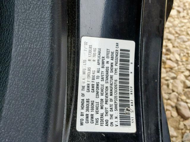 SHHEP33512U309716 - 2002 HONDA CIVIC SI BLACK photo 10