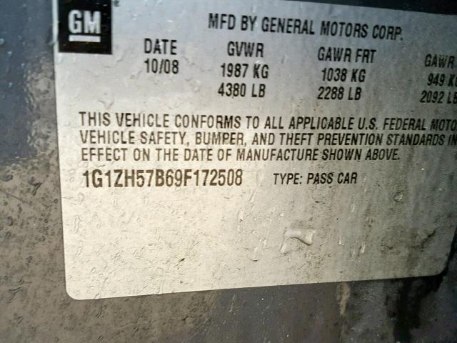 1G1ZH57B69F172508 - 2009 CHEVROLET MALIBU 1LT GRAY photo 10