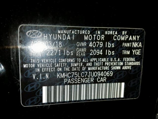 KMHC75LC7JU094069 - 2018 HYUNDAI IONIQ SEL BLACK photo 10