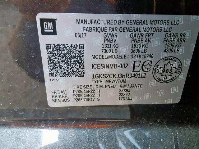 1GKS2CKJ3HR349112 - 2017 GMC YUKON DENA CHARCOAL photo 10