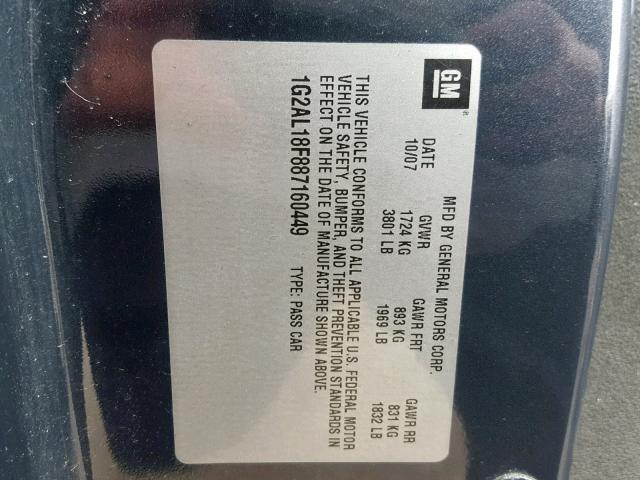 1G2AL18F887160449 - 2008 PONTIAC G5 BLUE photo 10