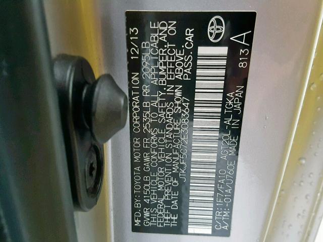 JTKJF5C72E3083647 - 2014 TOYOTA SCION TC 银色 照片 10