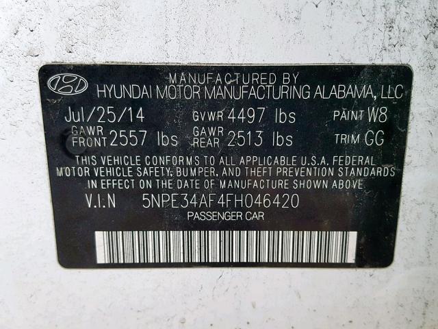 5NPE34AF4FH046420 - 2015 HYUNDAI SONATA SPO WHITE photo 10