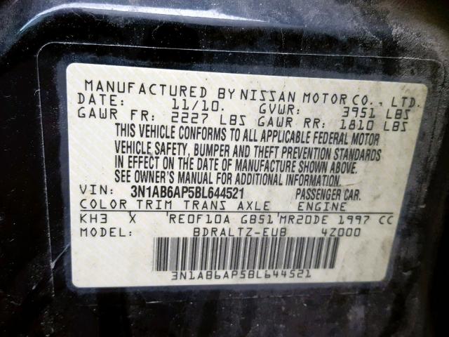 3N1AB6AP5BL644521 - 2011 NISSAN SENTRA 2.0 BLACK photo 10