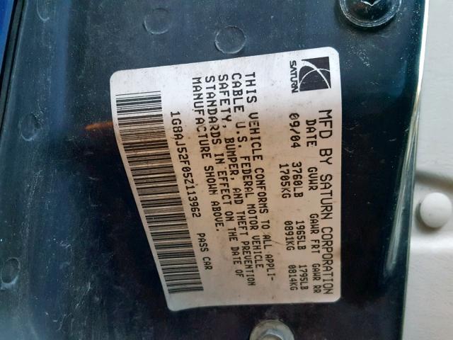 1G8AJ52F05Z113962 - 2005 SATURN ION LEVEL BLUE photo 10