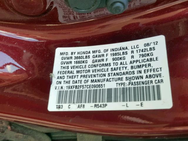 19XFB2F57CE090651 - 2012 HONDA CIVIC LX BURGUNDY photo 10